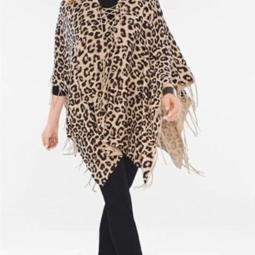 Chico's Leopard Print Cape with Fringe